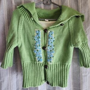 Free People Green Cardigan with Blue Floral Details